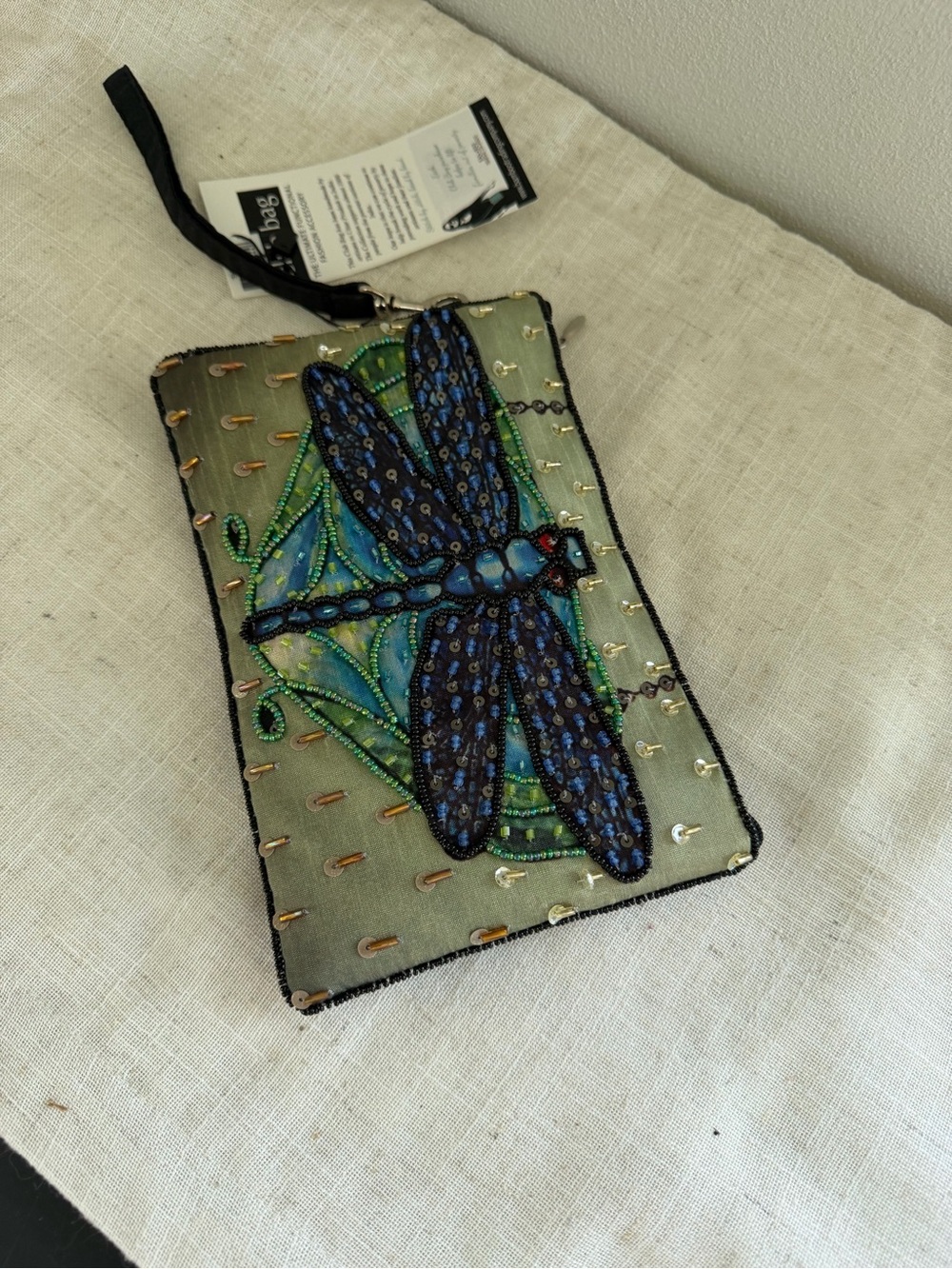 Club Bag Blue Dragonfly Embroidered Beaded Wristlet Crossbody NWT - Picture 3 of 10